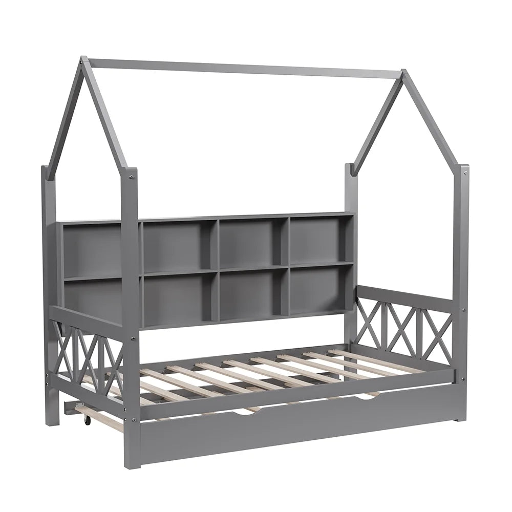 Twin House Bed with Trundle and Storage Shelve P63071