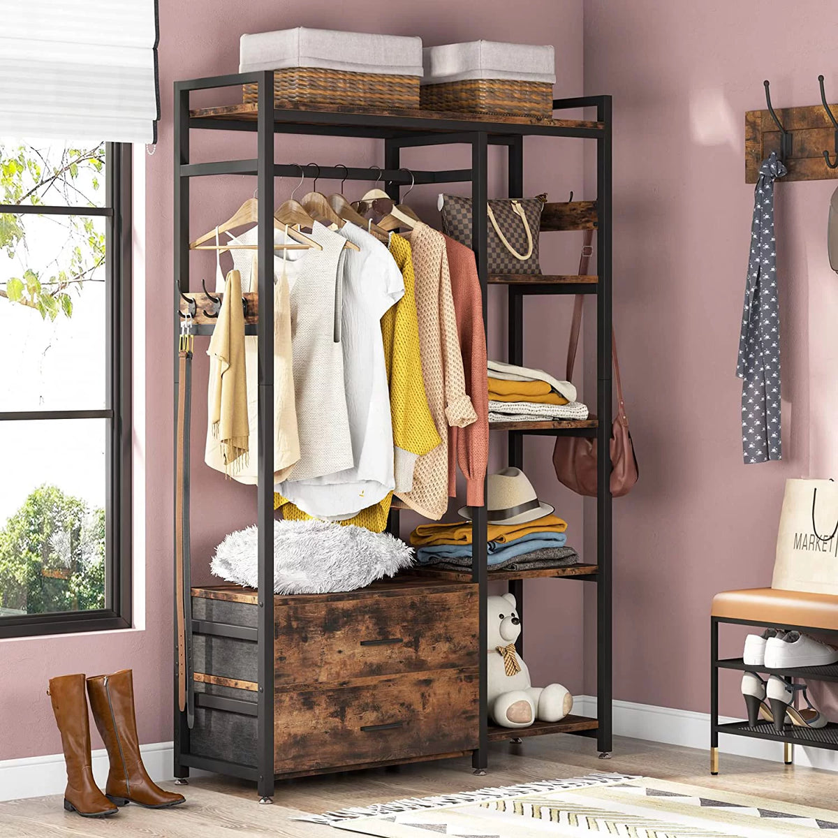 Freestanding Closet Organizer with Drawers and Shelves A610