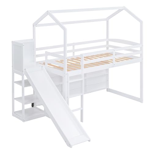 White Twin Size Wood House Loft Bed with Slide and Storage Shelves U78049