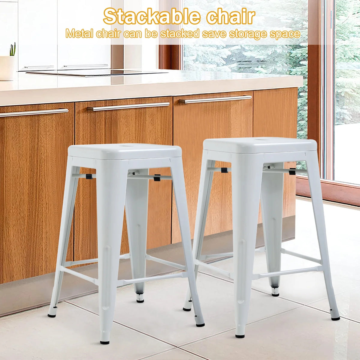 Metal Bar Stools Set of 4, 24 inch White Stackable Backless Counter Height R4203