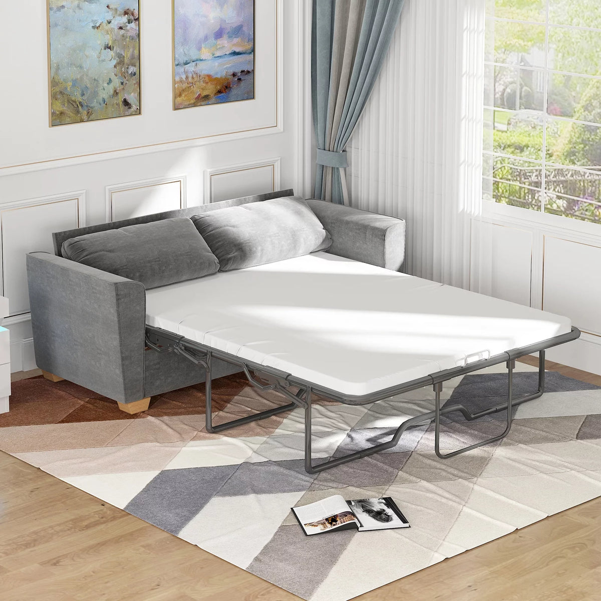 Velvet Full Size Pull Out Sofa Bed with Foam Mattress C145