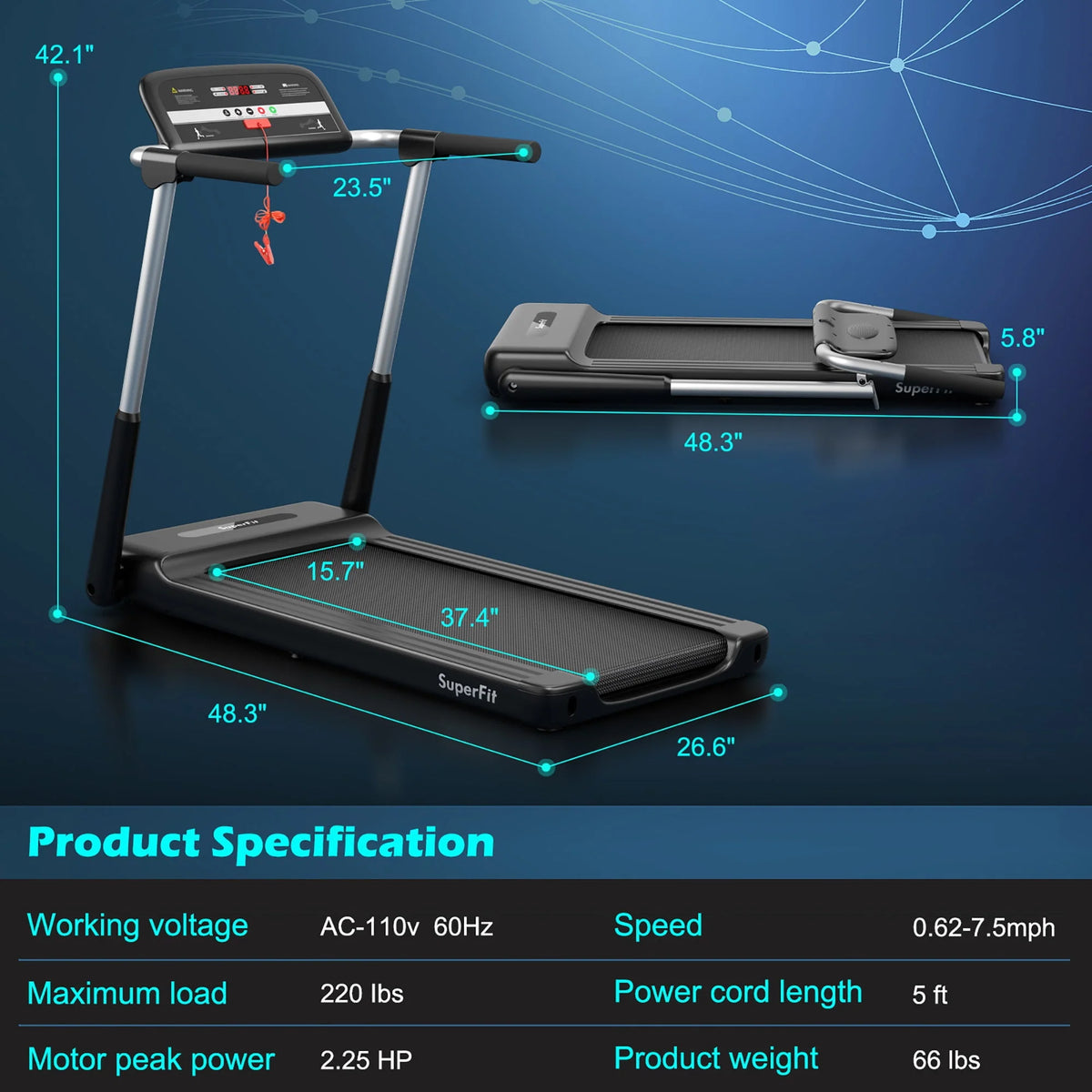 2.25HP Folding LED Treadmill R706