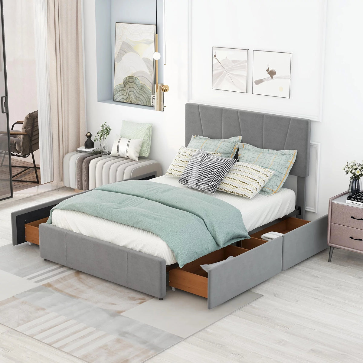 Velvet Upholstered Full Platform Bed with Storage and Adjustable Headboard H901123