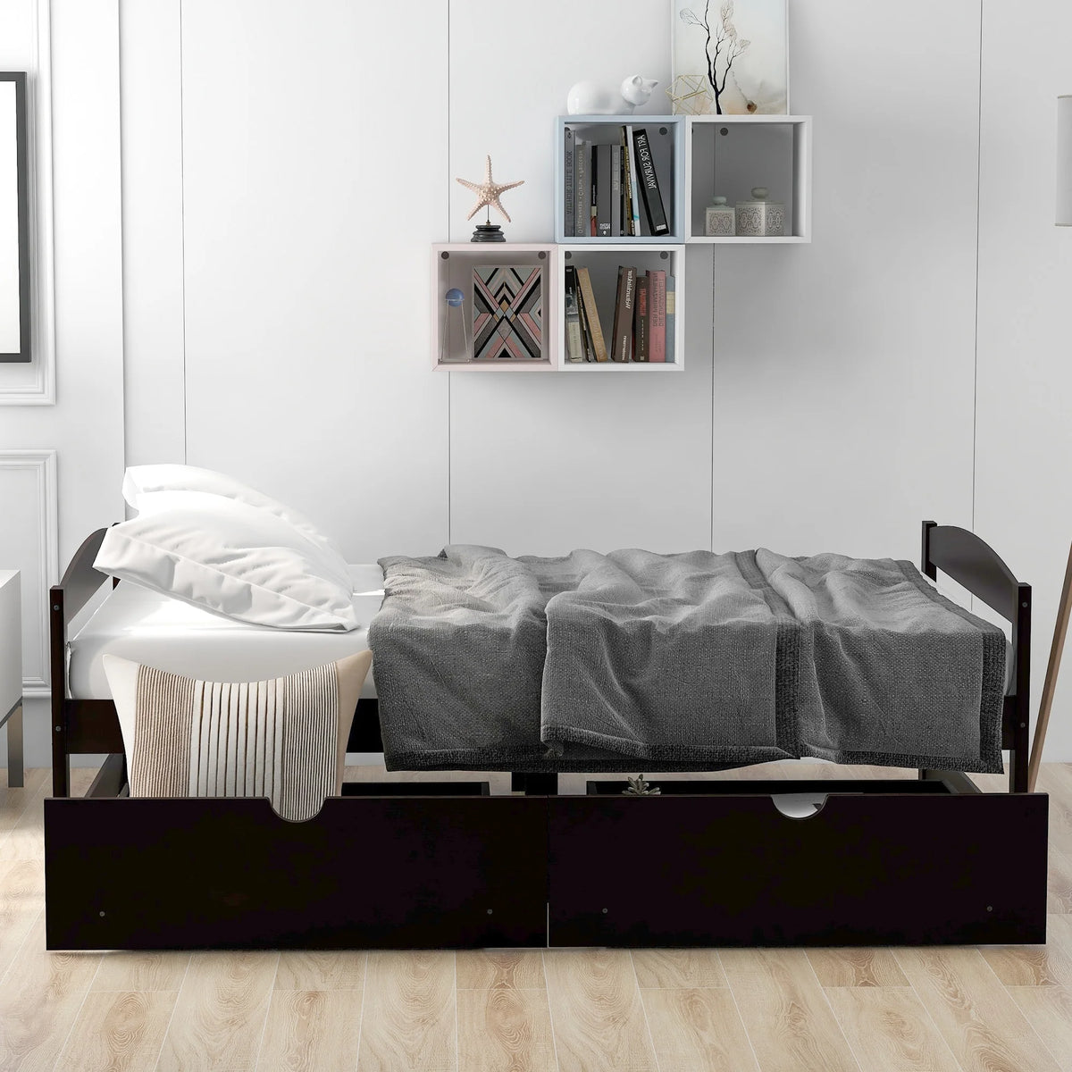 Twin Size Pine Wood Platform Bed with 2 Drawers X280444