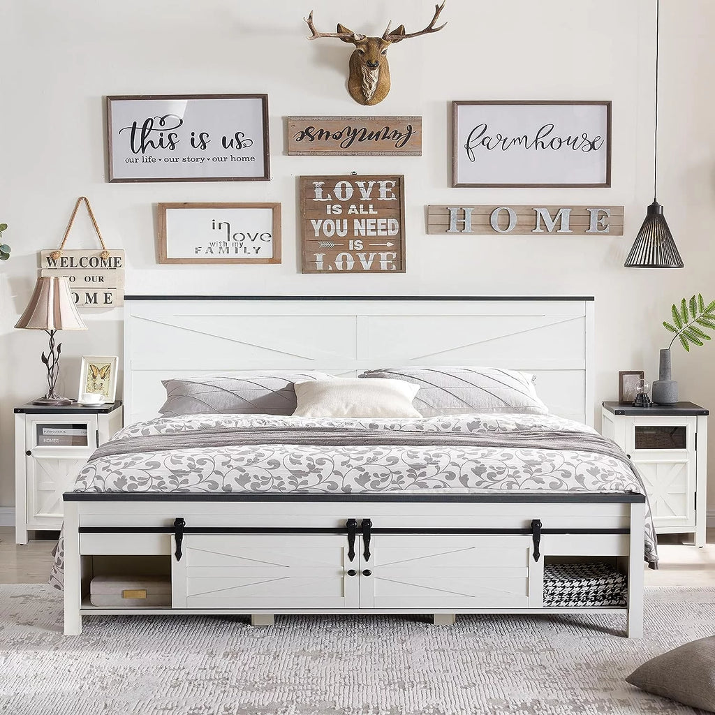 King Bed Frame with Headboard and Storage Cabinets, White P997748