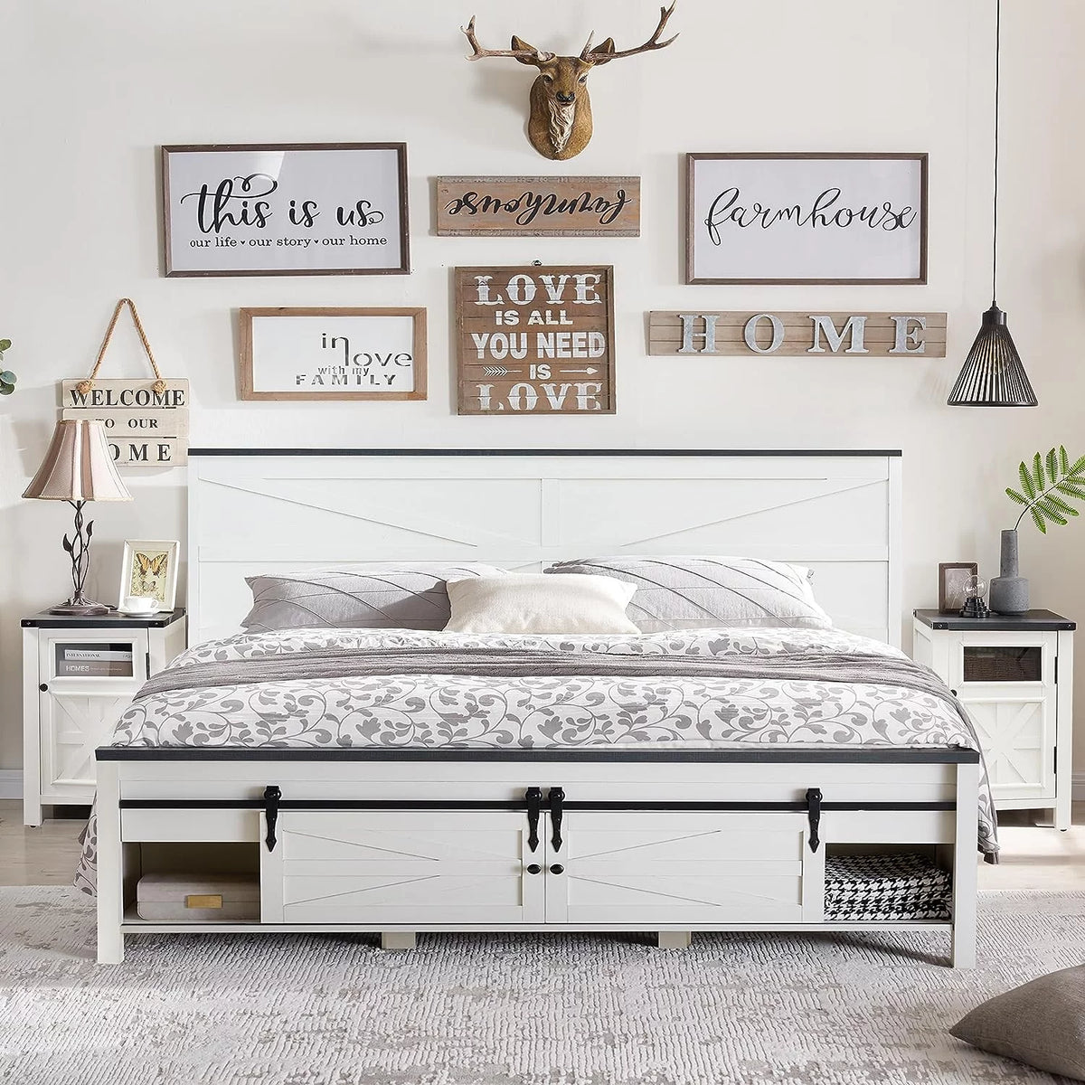 King Bed Frame with Headboard and Storage Cabinets, White P997748