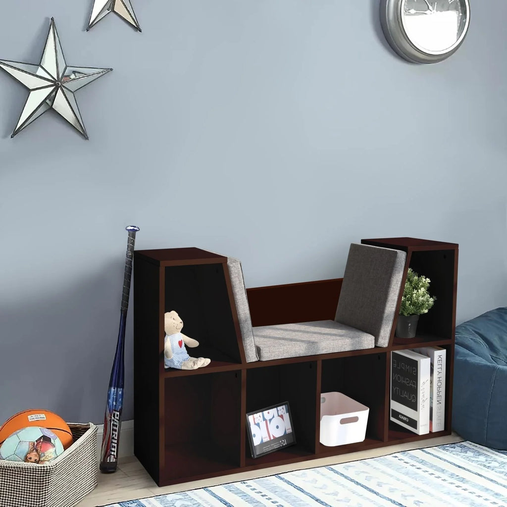 White Kids Storage Cabinet Bookcase with Cushions D6086
