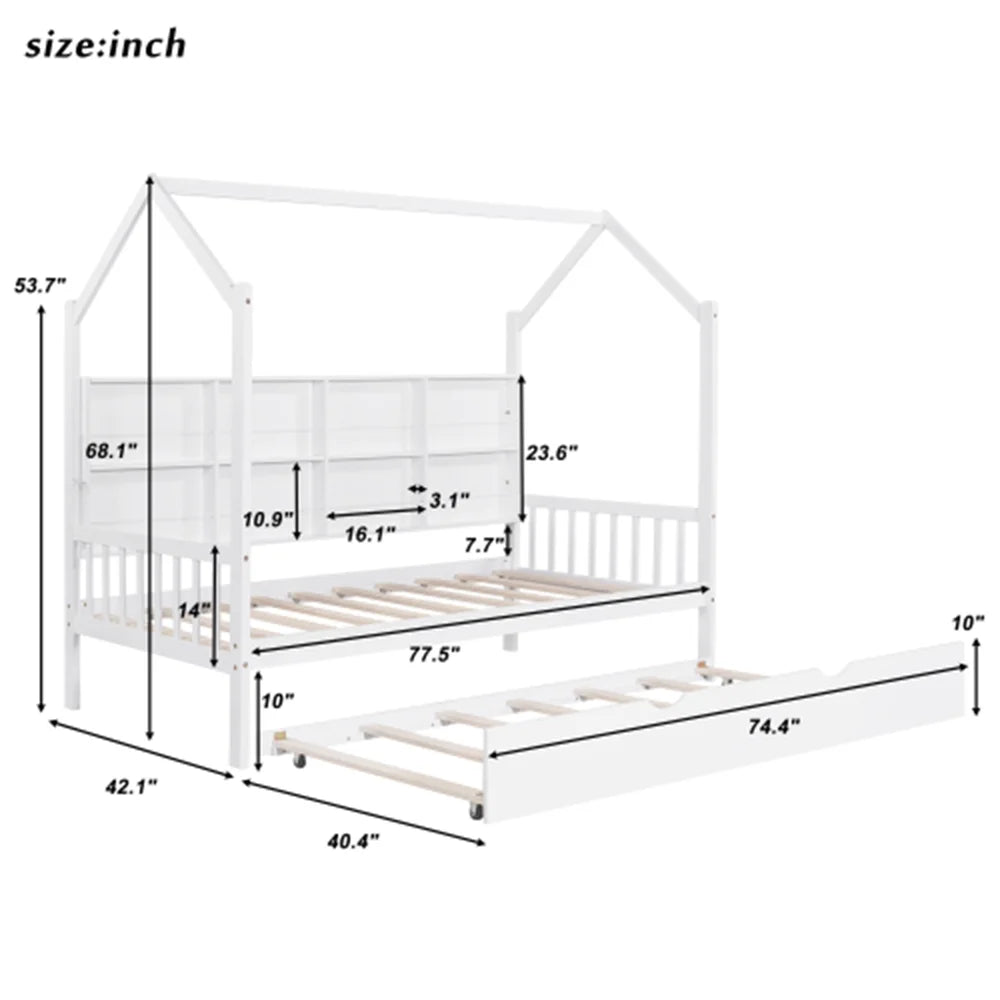 Twin House Bed with Trundle and Storage Shelve P63071