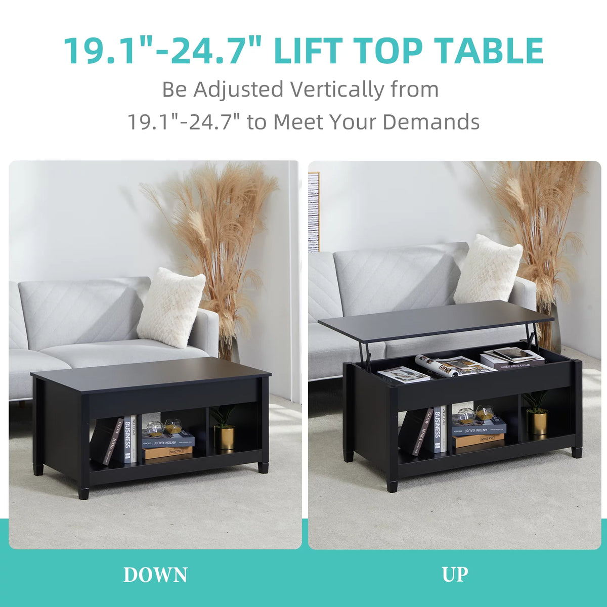 Lift Top Coffee Table with Hidden Storage and 3 Open Shelves E28332