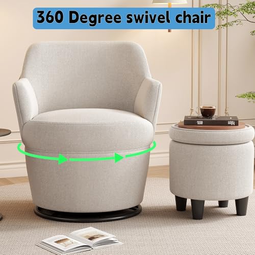 Beige Cotton Linen Upholstered Swivel Chair with Storage Ottoman Q317