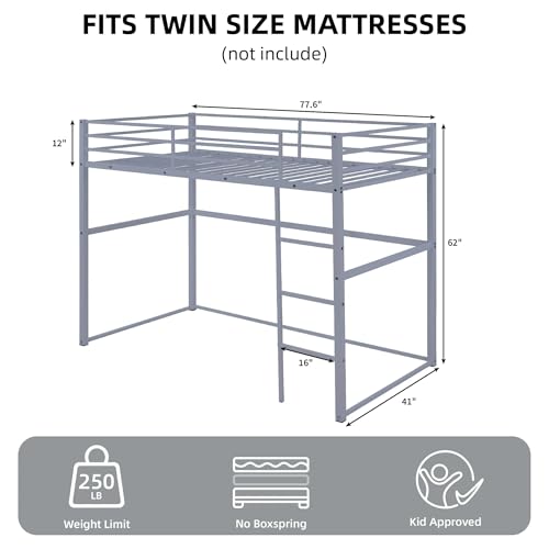 White Twin Metal Loft Bed with Safety Guard Rails P3318