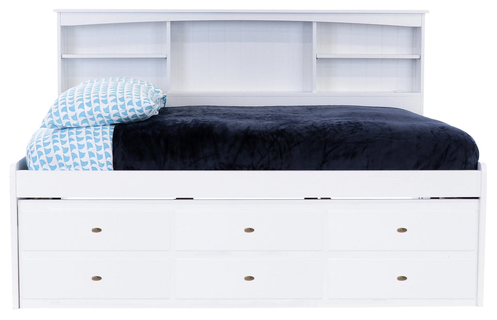 Solid Pine Full Bookcase Daybed with 3 Drawers and Twin Trundle in Casual White L429