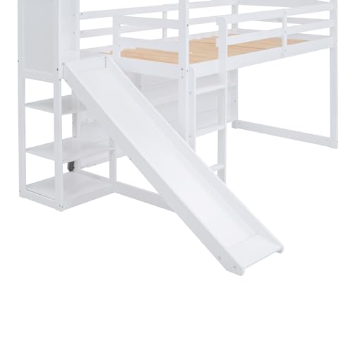 White Twin Size Wood House Loft Bed with Slide and Storage Shelves U78049