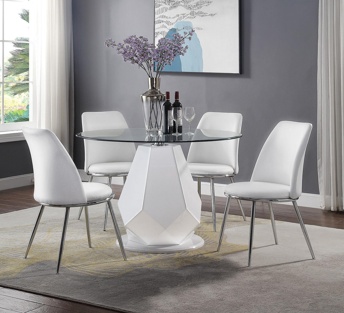 Round Glass Top White Dining Table Set 5Pcs C9405