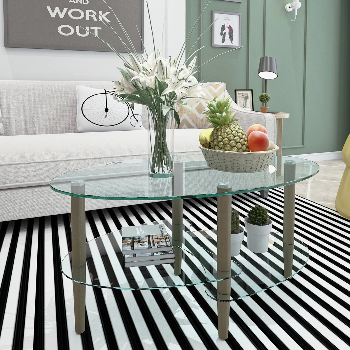 Oval Glass Coffee Table with Oak Wood Legs Z128933