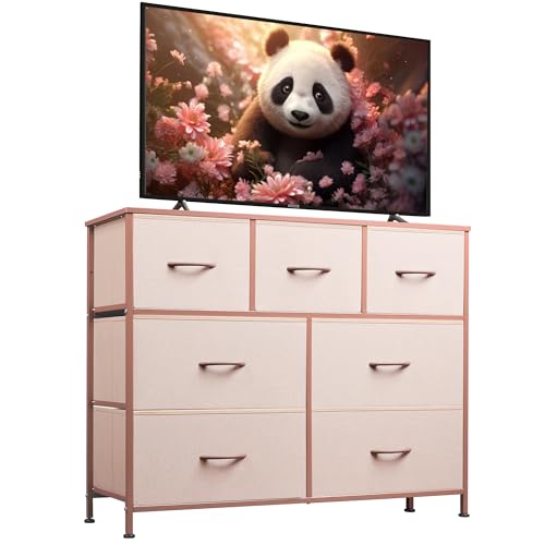 7 Drawer Dresser TV Stand with Metal Frame and Wood Top L369