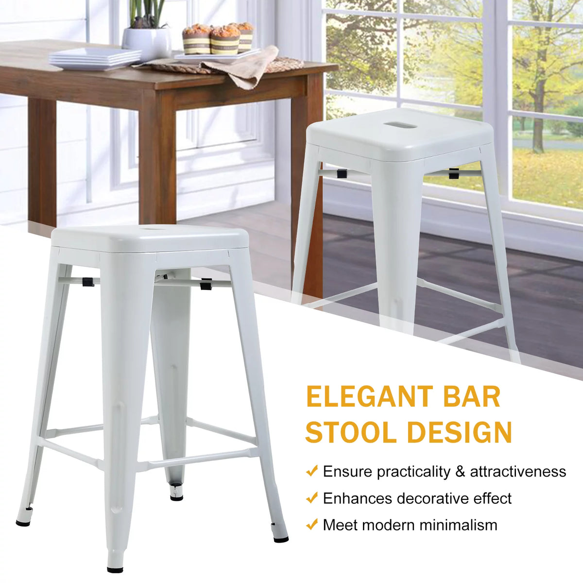 Metal Bar Stools Set of 4, 24 inch White Stackable Backless Counter Height R4203