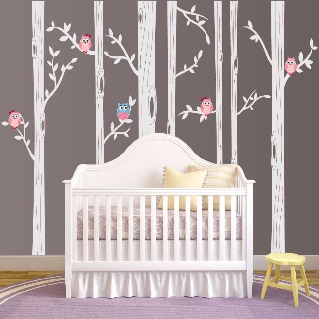 Birch Tree Wall Decal Set with Owl Birds Vinyl Sticker M51974