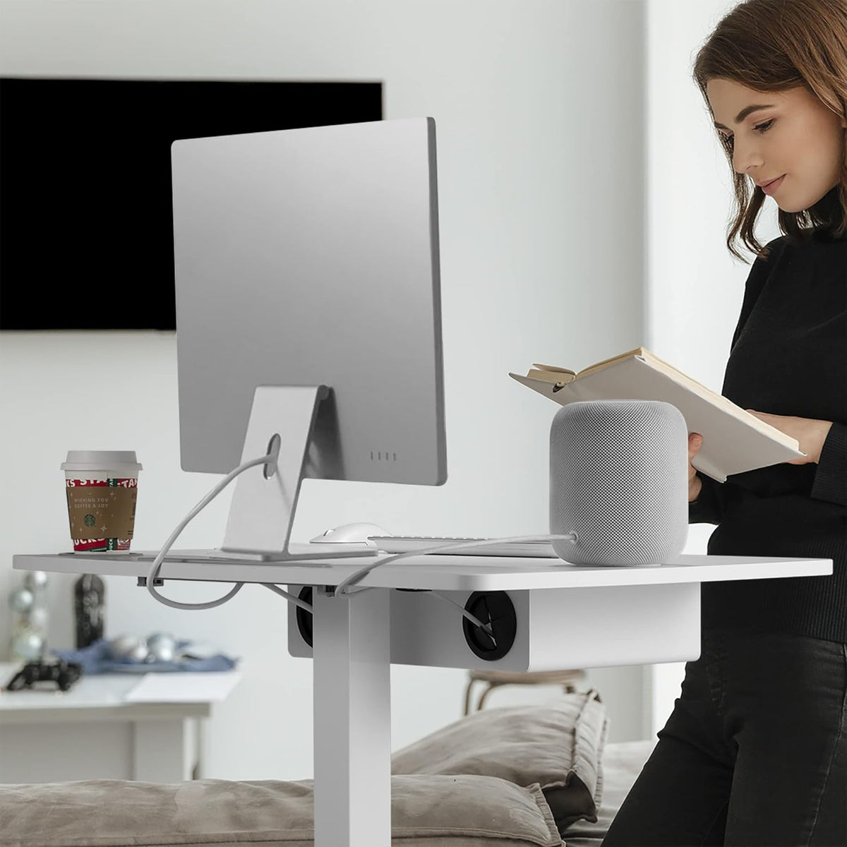 White Height Adjustable Rolling Desk with Shelf K66351