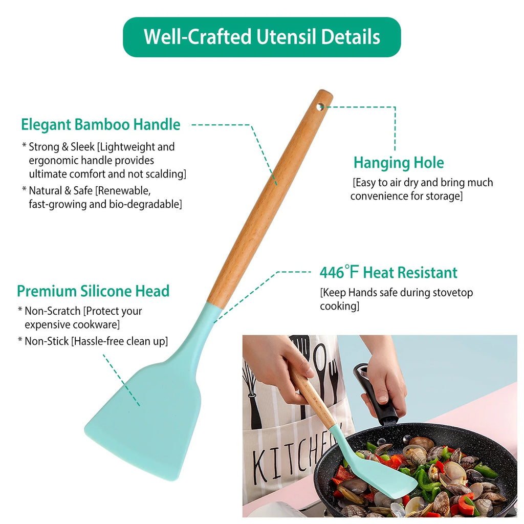 11-Piece Silicone Cooking Utensil Set with Wooden Handles, Green M95524