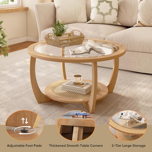 Round Wood Glass Rattan Coffee Table C58588
