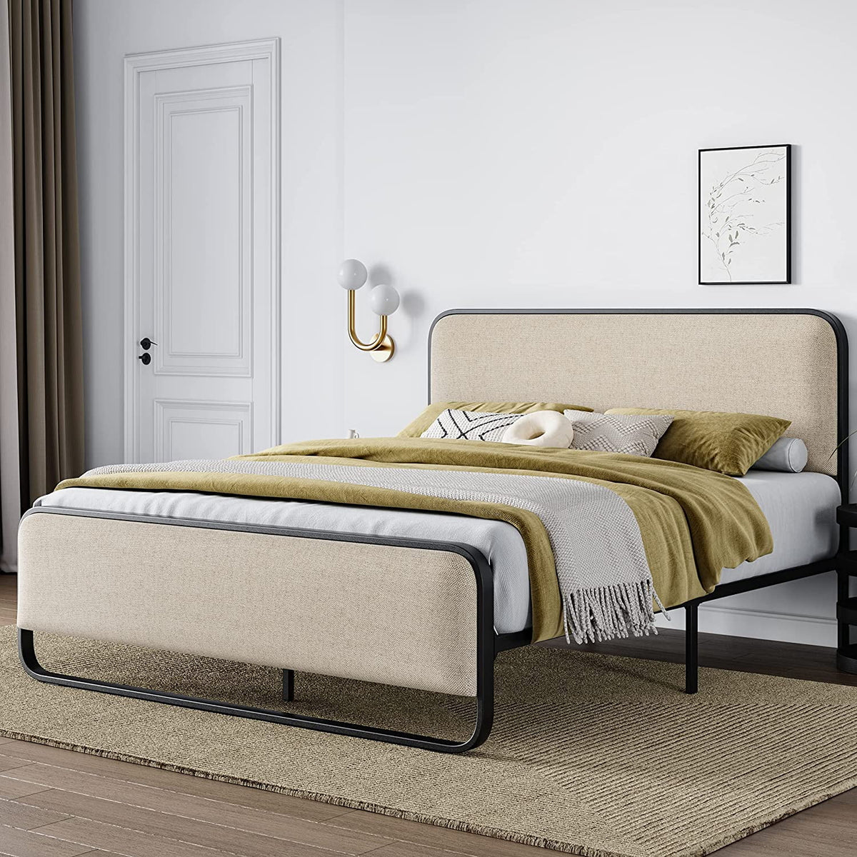 Queen Size Beige Metal Platform Bed Frame with Upholstered Headboard and Footboard B75479