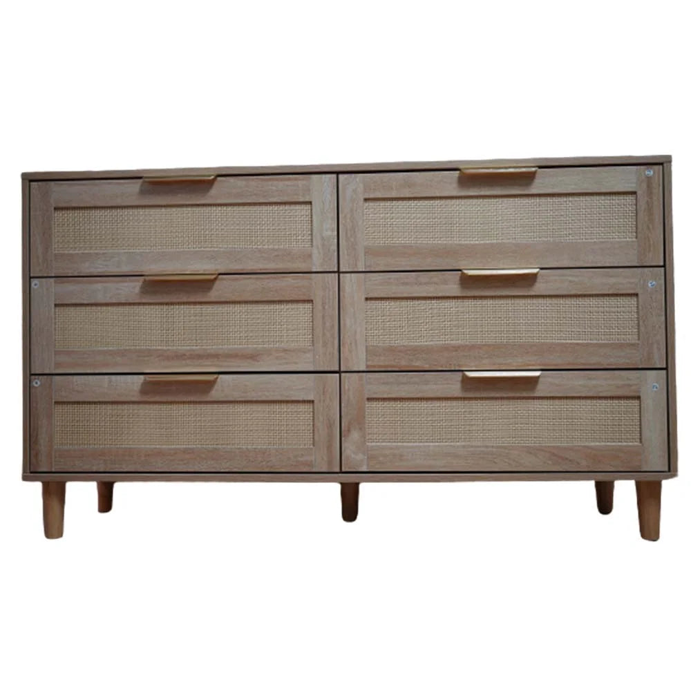 6 Drawer Natural Wood Dresser with Gold Handles G95013