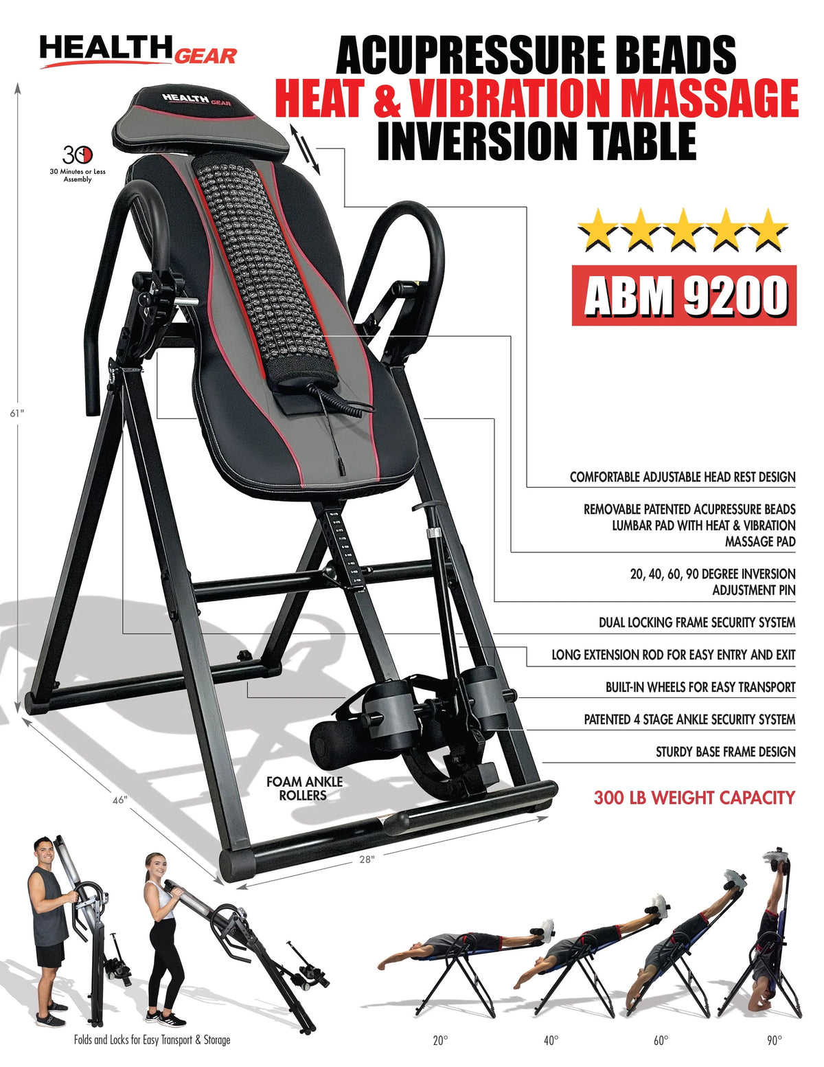 Black Acupressure Beads Heat and Vibration Massage Inversion Table X4296