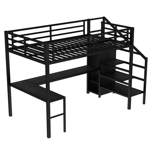 Full Size Metal Loft Bed with L-shaped Desk and Wardrobe D3559