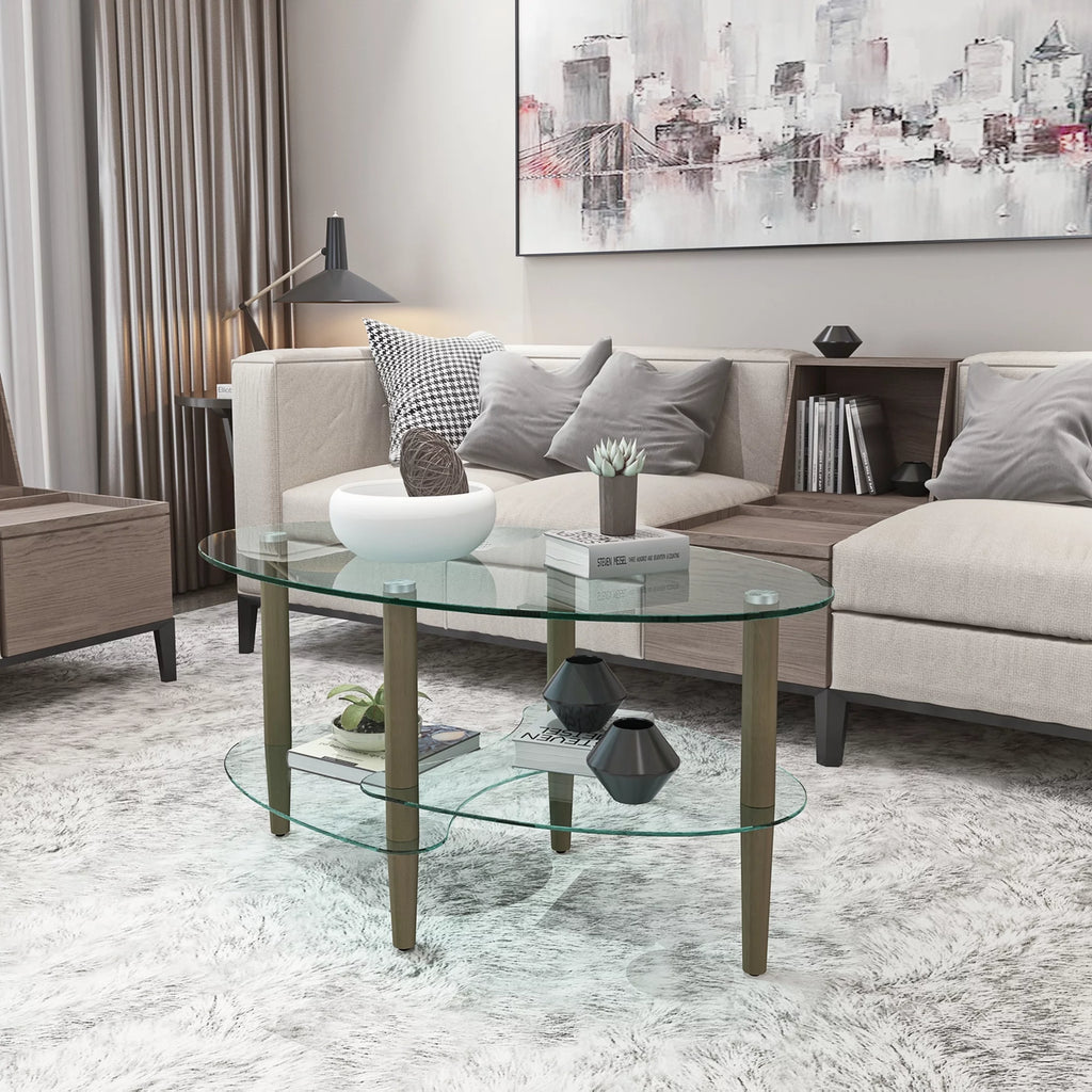 Oval Glass Coffee Table with Oak Wood Legs Z128933