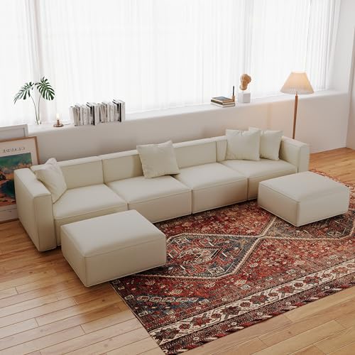 Cream L-Shape Sectional Sofa with Ottoman and Chaise V7823