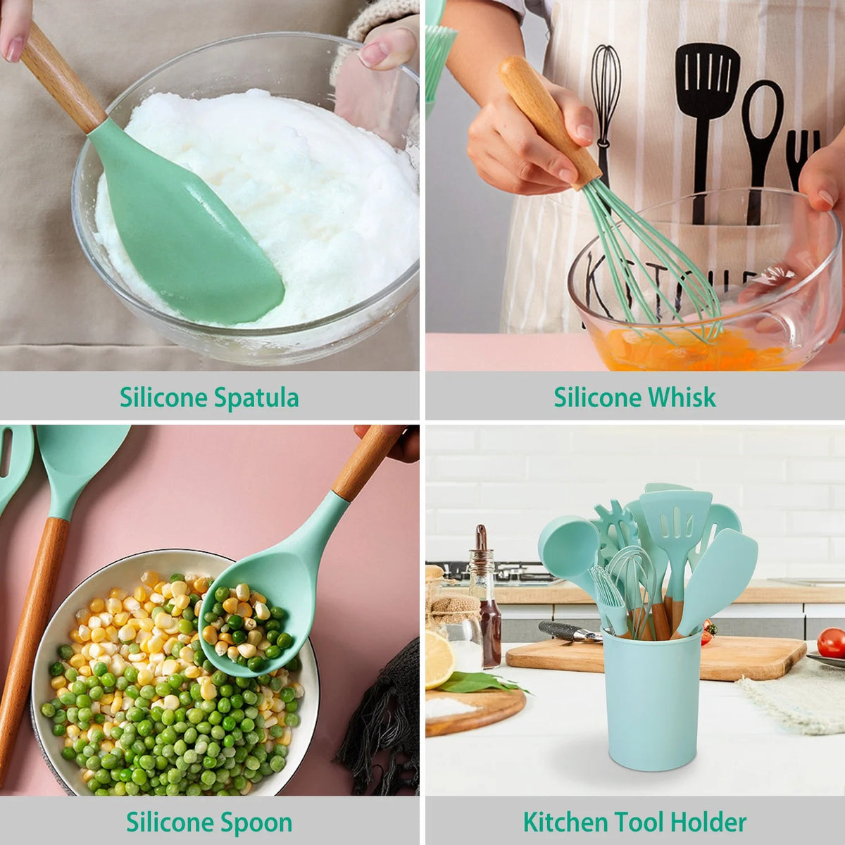 11-Piece Silicone Cooking Utensil Set with Wooden Handles, Green M95524