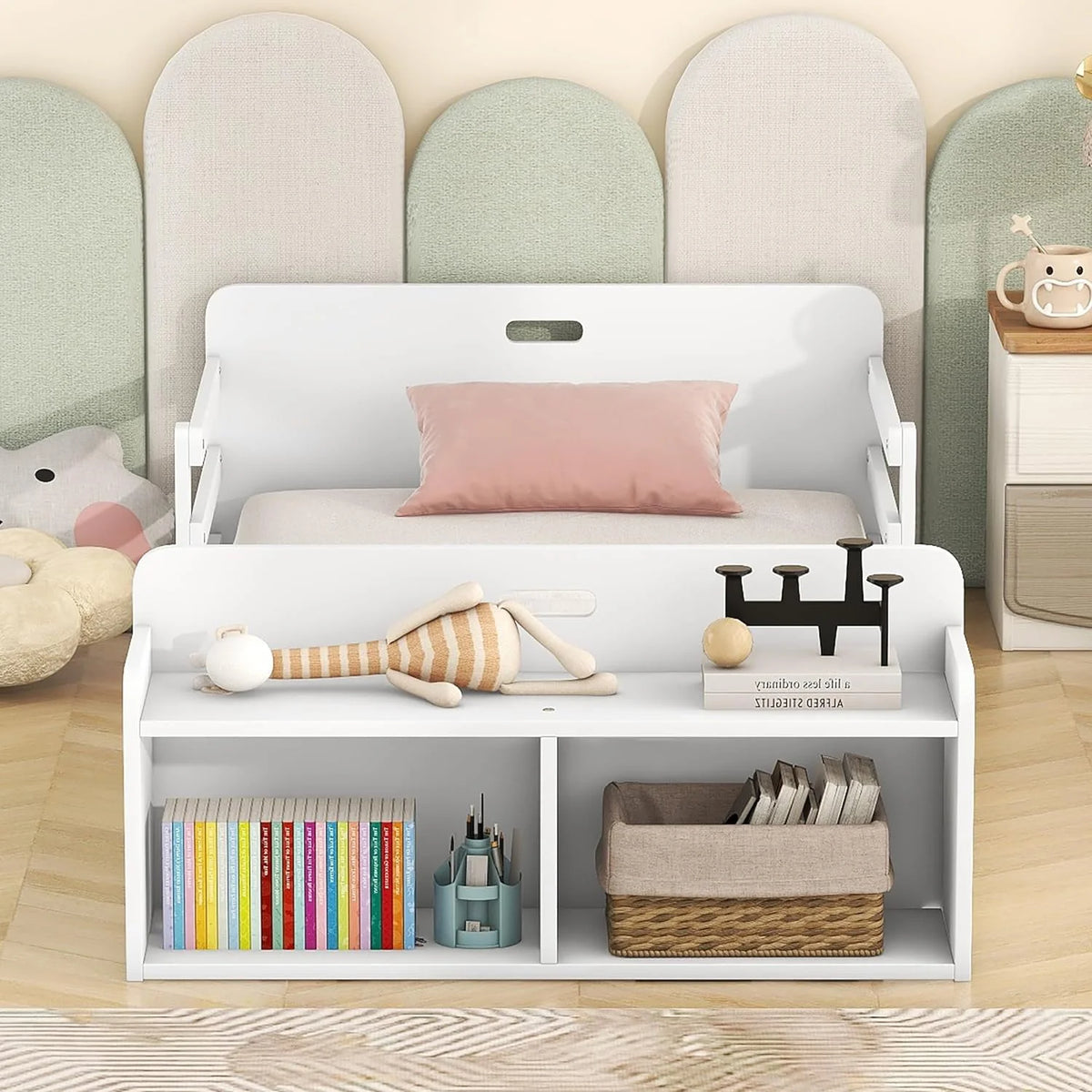 Wood Floor Bed with Half Guardrail and Storage Footboard G457