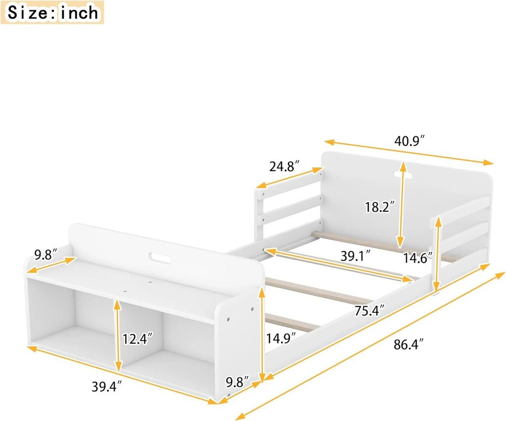 Wood Floor Bed with Half Guardrail and Storage Footboard G457