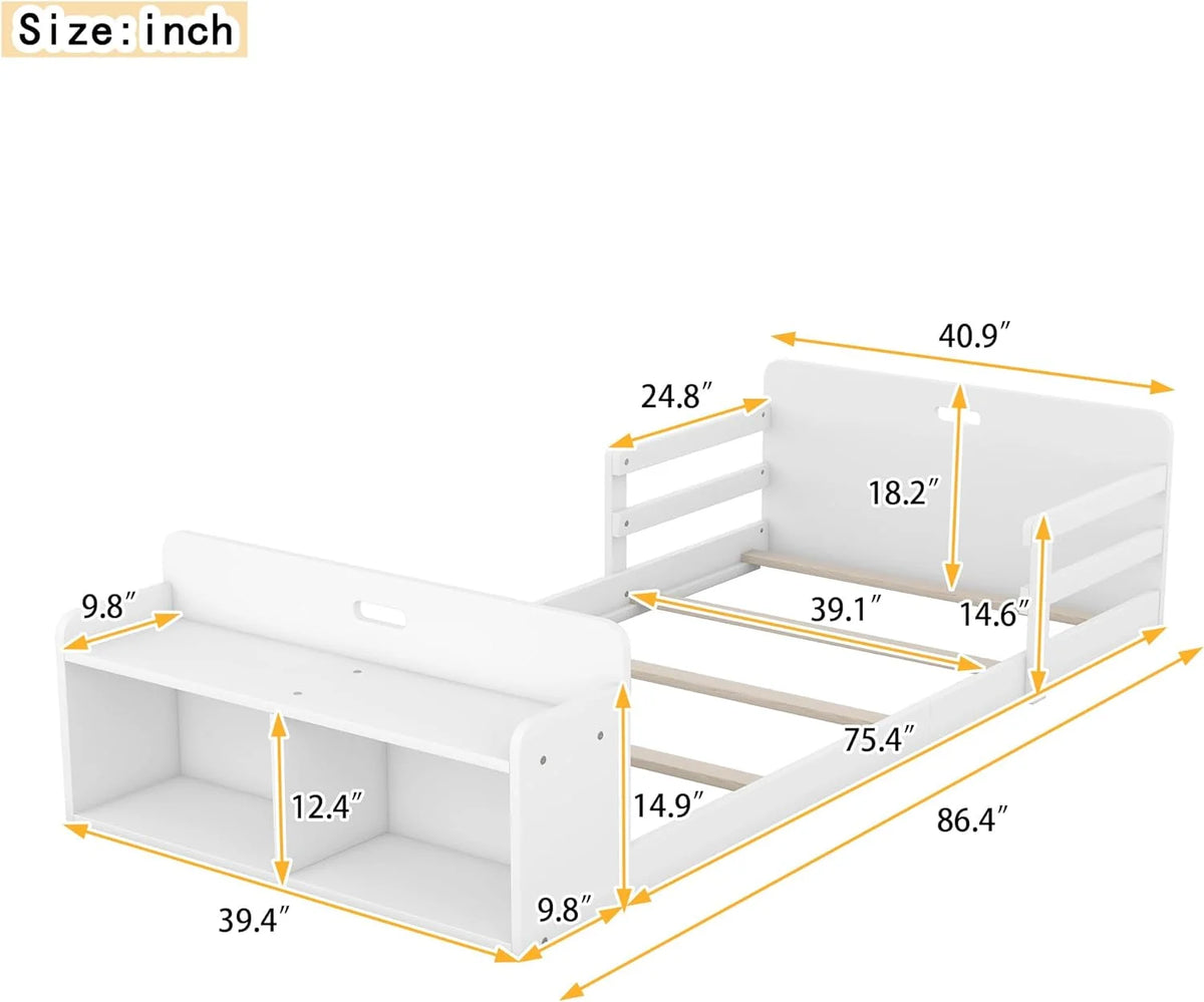 Wood Floor Bed with Half Guardrail and Storage Footboard G457