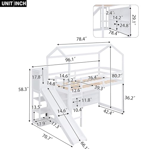White Twin Size Wood House Loft Bed with Slide and Storage Shelves U78049