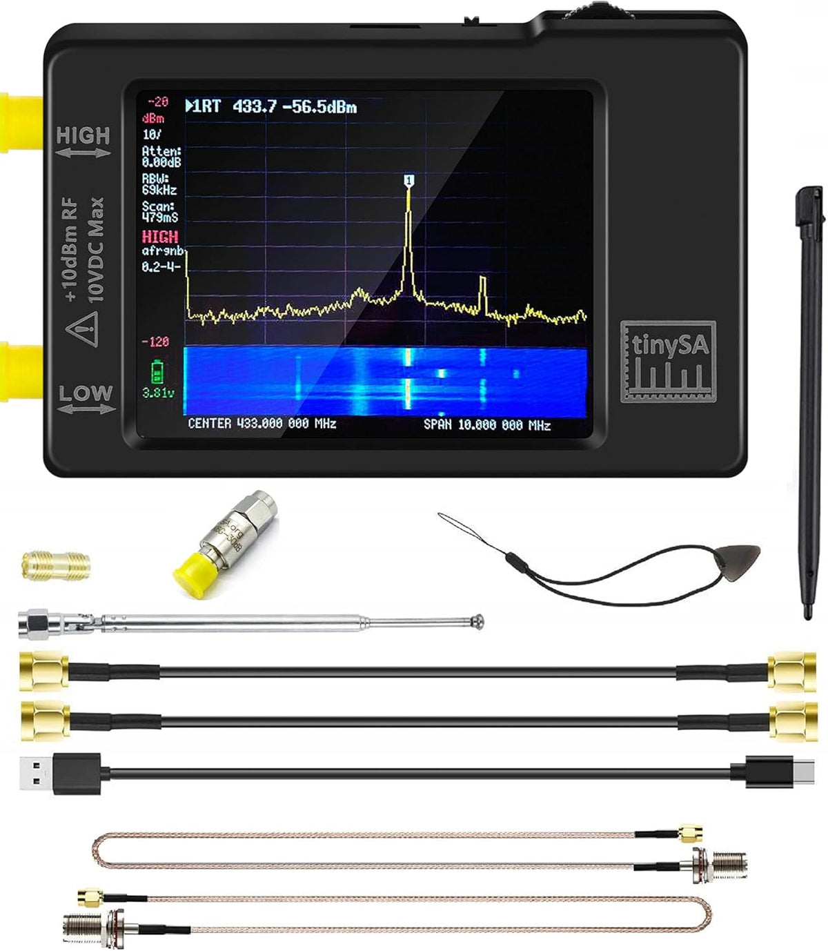 Portable Handheld Spectrum Analyzer with Antenna Cables & Attenuator 0.1MHZ-960MHz 2.8'' Touchscreen J578