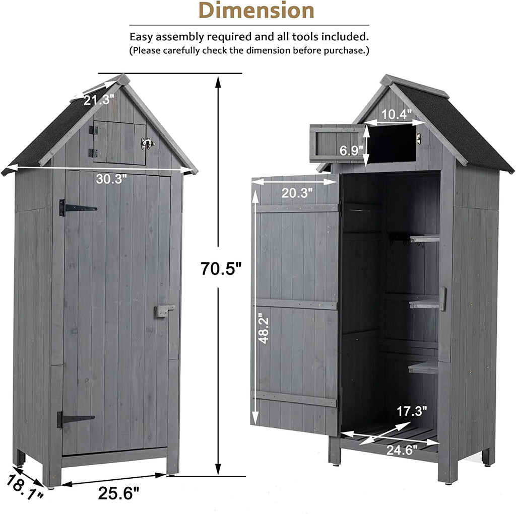 Wooden Outdoor Storage Cabinet Tool Shed 30.3” L X 21.3” W X 70.5” H Gray F486