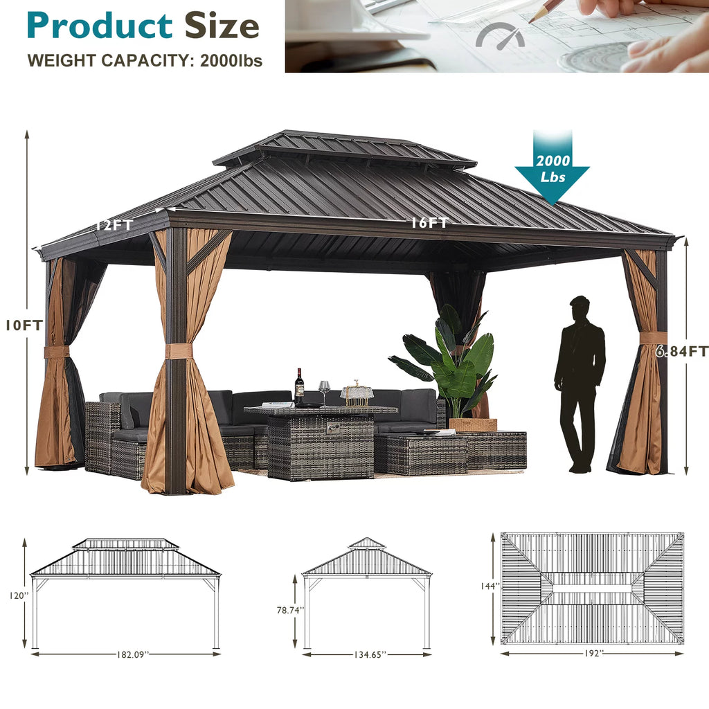 10'x12' Hardtop Steel Aluminum Gazebo with Curtains and Netting W378714