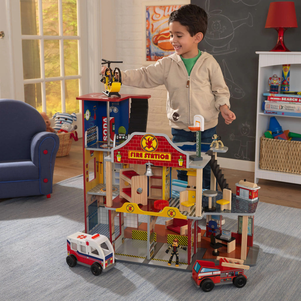 Wood Rescue Play Set with Ambulance, Fire Truck, Helicopter & 27 Pieces V873