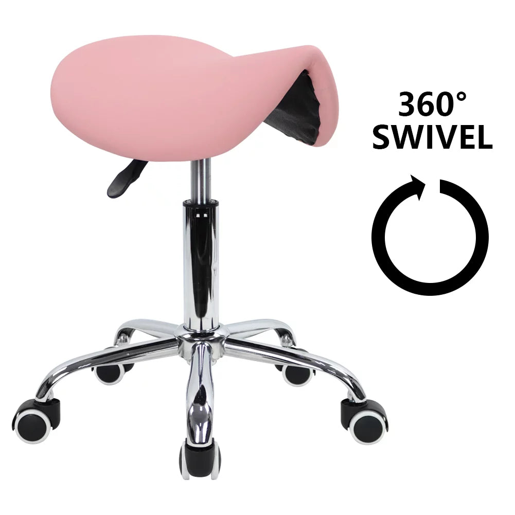 Pink PU Leather Adjustable Rolling Saddle Stool B87932