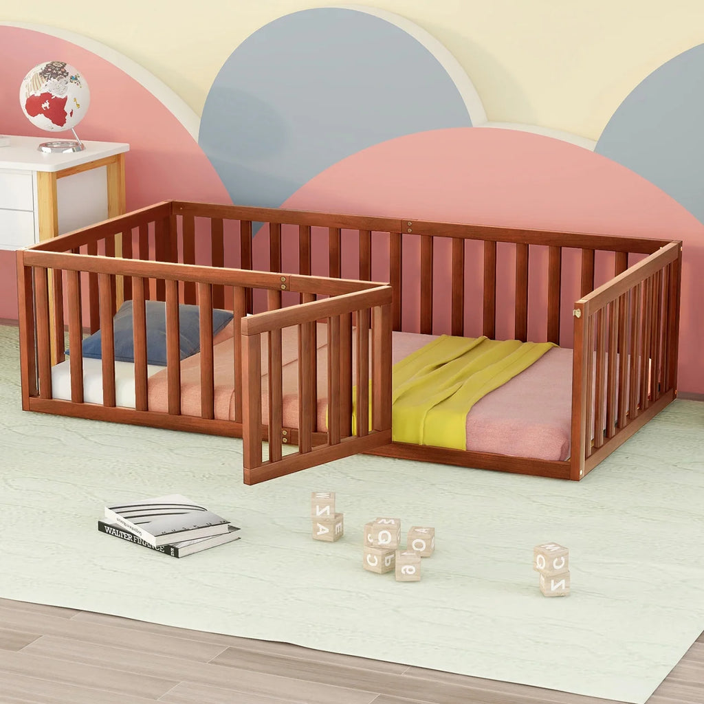 Twin Solid Wood Floor Bed Frame with Door & Safety Guardrails P165875