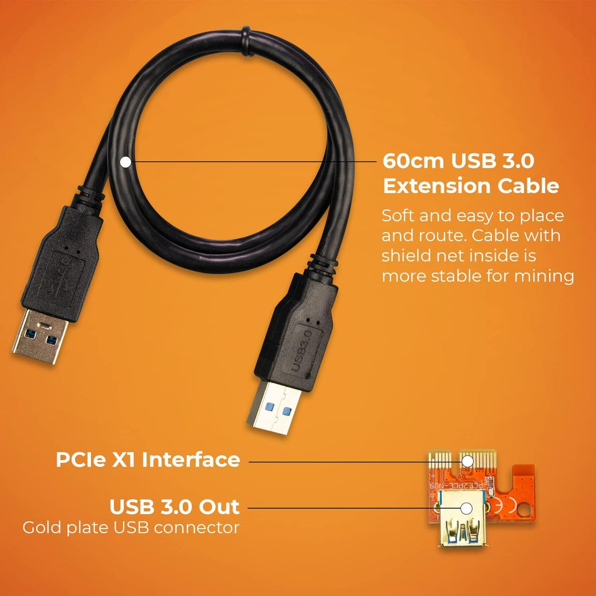 PCIE Riser 1x to 16x Graphic Extension 60cm USB 3.0 Cable Pack of 12 O8766