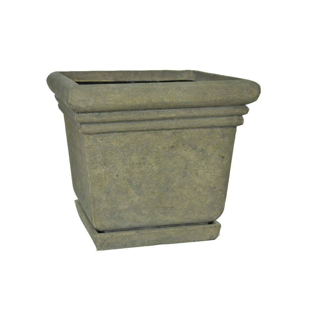 18-1/2 in. Square Cast Stone Planter with Attached Saucer V4325