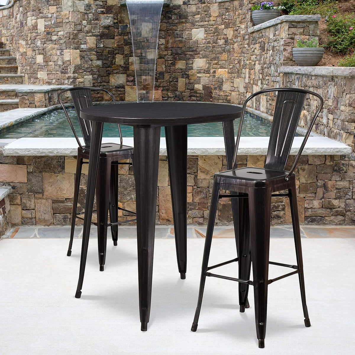30 Round Silver Metal Indoor-Outdoor Bar Table Set with 2 Cafe Stools B79024