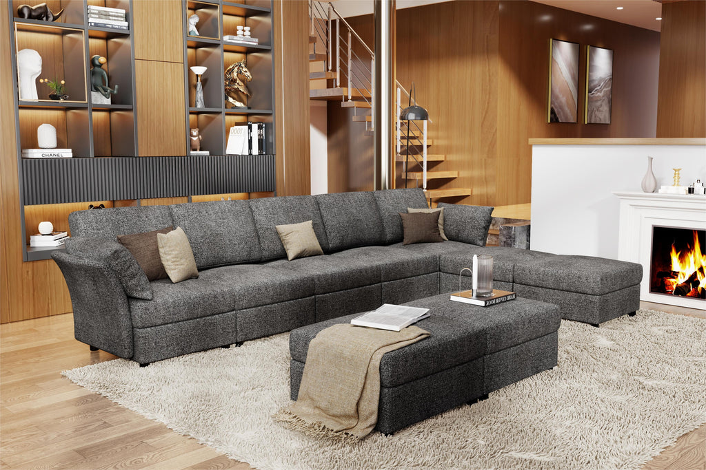 Dark Grey 9 Seat Modular Sectional Sofa with Ottomans U5372
