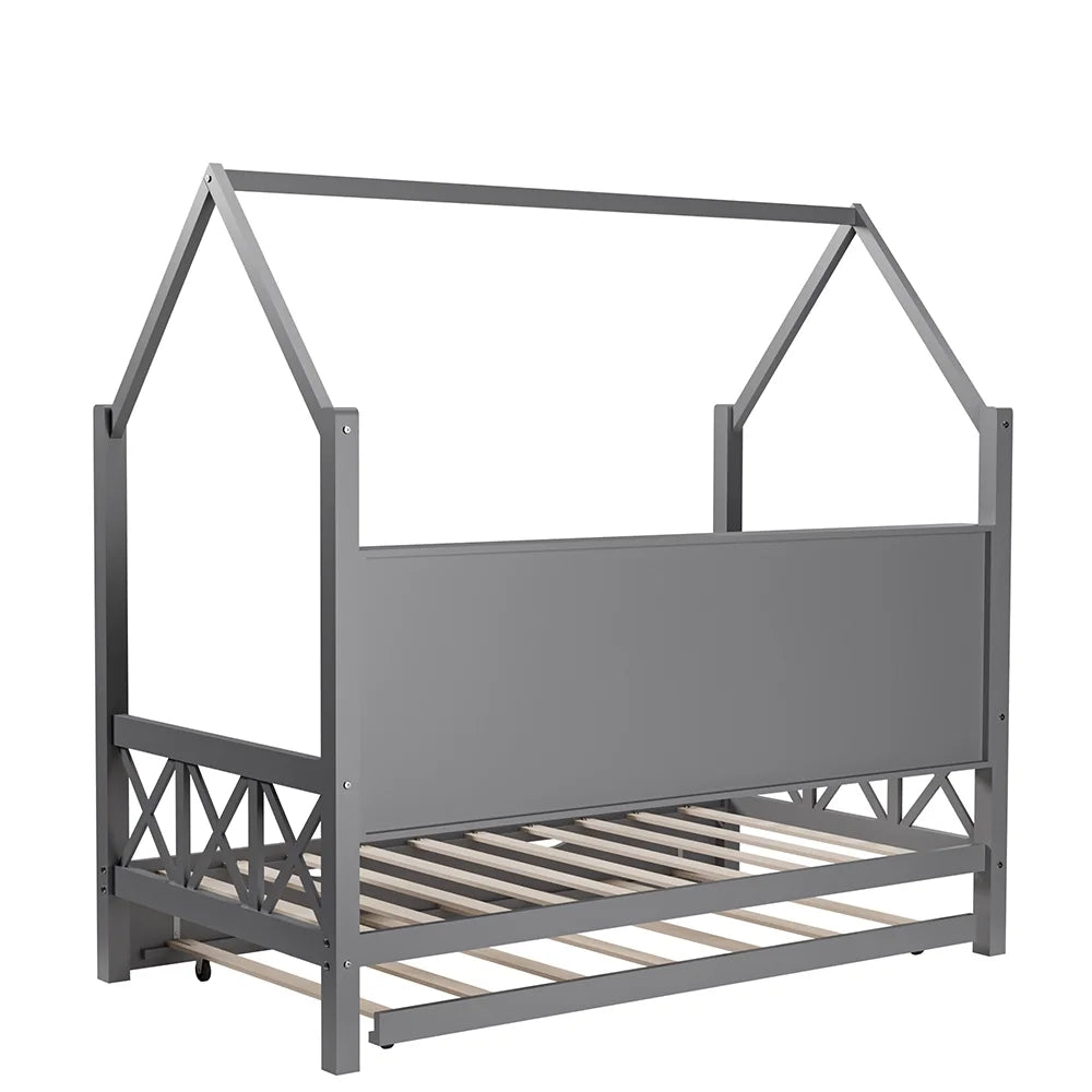 Twin House Bed with Trundle and Storage Shelve P63071