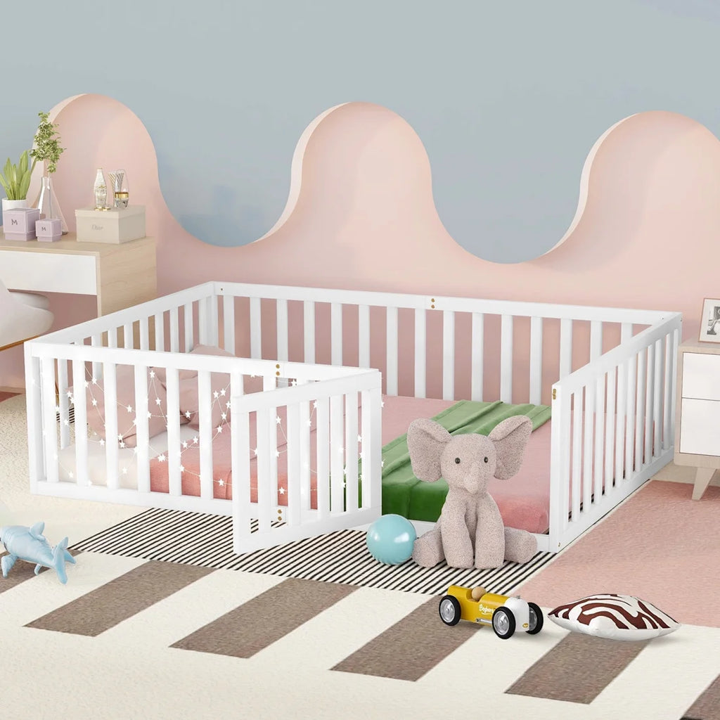 Twin Solid Wood Floor Bed Frame with Door & Safety Guardrails P165875