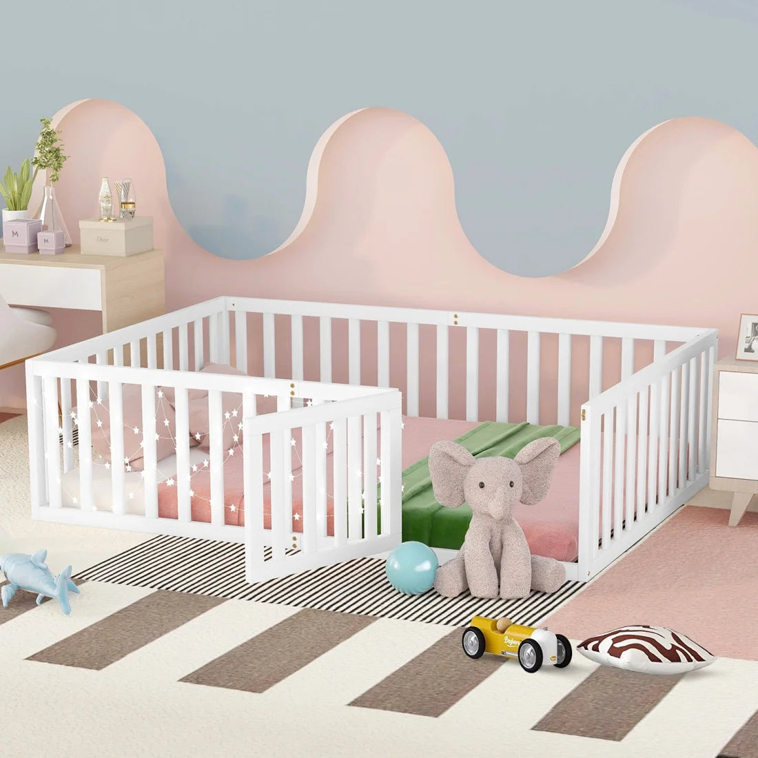 Twin Solid Wood Floor Bed Frame with Door & Safety Guardrails P165875