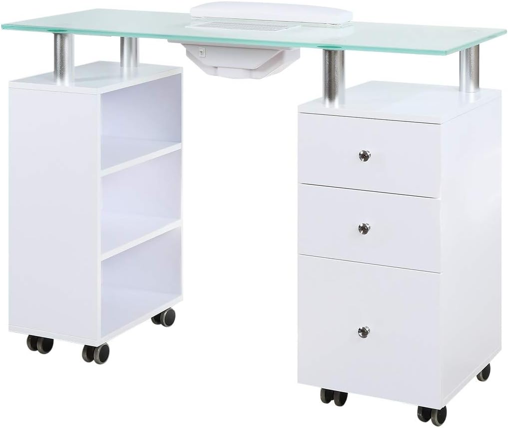 Glass Top Manicure Table with Draft Vent White H35039